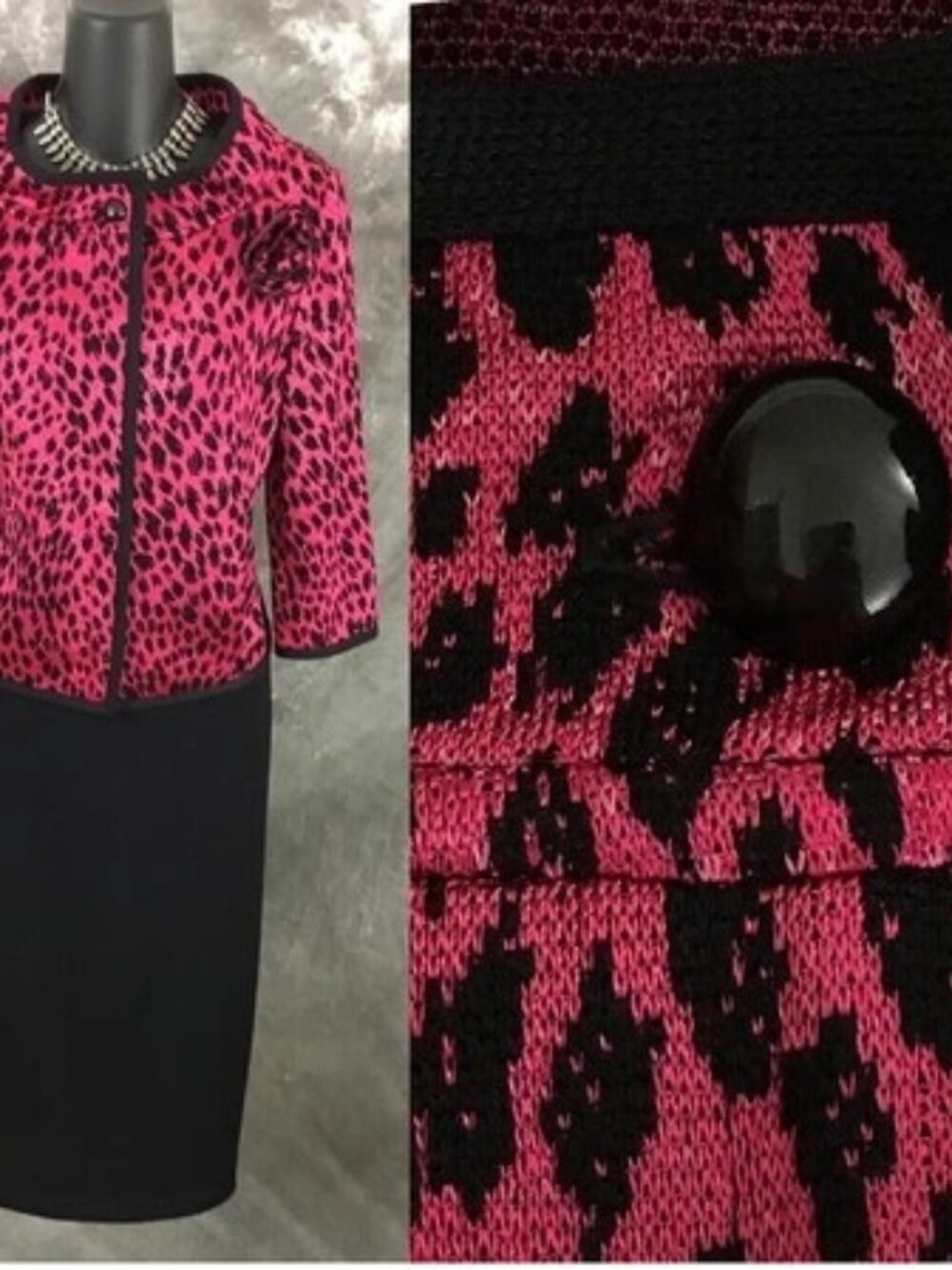 BEAUTIFUL St John collection knit pink black multi jacket skirt suit size 6